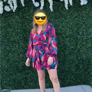 Colorful Patterned Long Sleeve Cocktail Dress